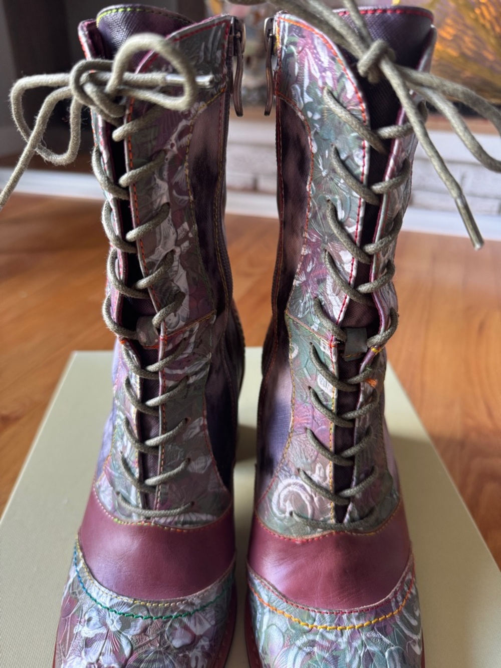 L'Artiste Women's Floral Lace-Up Ankle Boots in Burgundy and Green - Picture 3 of 8